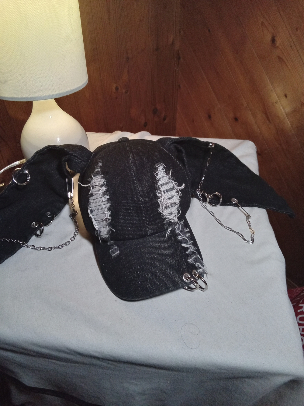 Y2k.Olive Grey Black Distressed Baseball Cap with Chain-Trim Ear Flaps